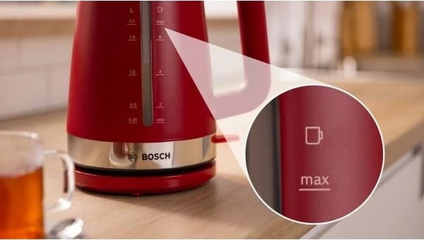 Çajnik Bosch TWK4M224, 1.7 L, 2400 W, Inoks, Kuqe Çajnik Bosch TWK4M224, 1.7 L, 2400 W, Inoks, Kuqe