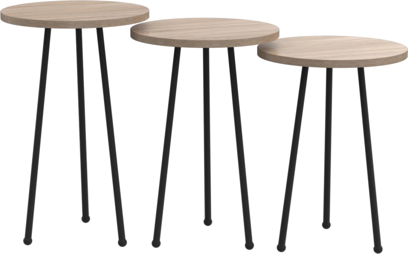 Set tavolina anësore rrethore, KISSA, FH18174.03, melaminë, ngjyrë Sonama, këmbë metalike të zeza