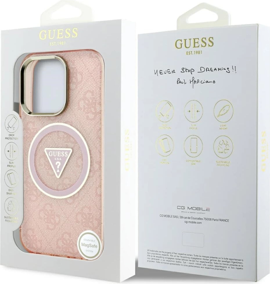 Mbështjellës Guess IML Metal Glitter 4G Circle Triangle MagSafe për iPhone 16 Pro Max, Rozë