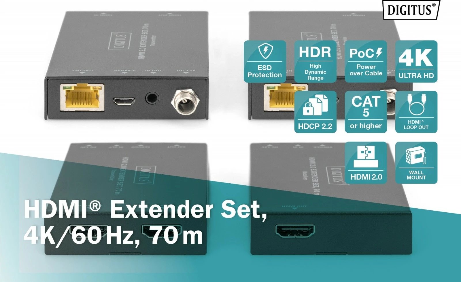 Set zgjatues HDMI Digitus DS-55506, 70m, PoC, 4K 60Hz, i zi