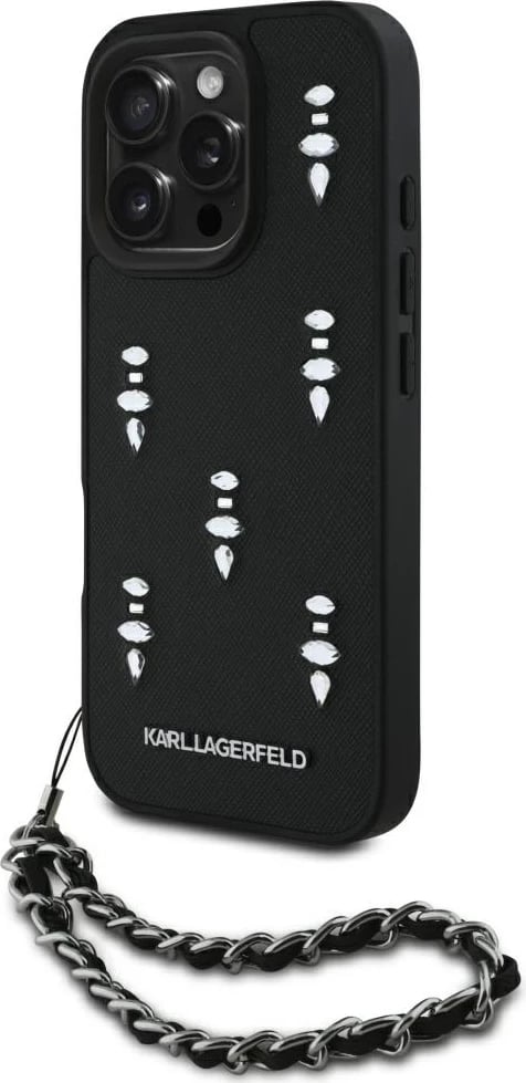 Mbështjellës Karl Lagerfeld Saffiano Crystals me zinxhir, për iPhone 16 Pro, i zi