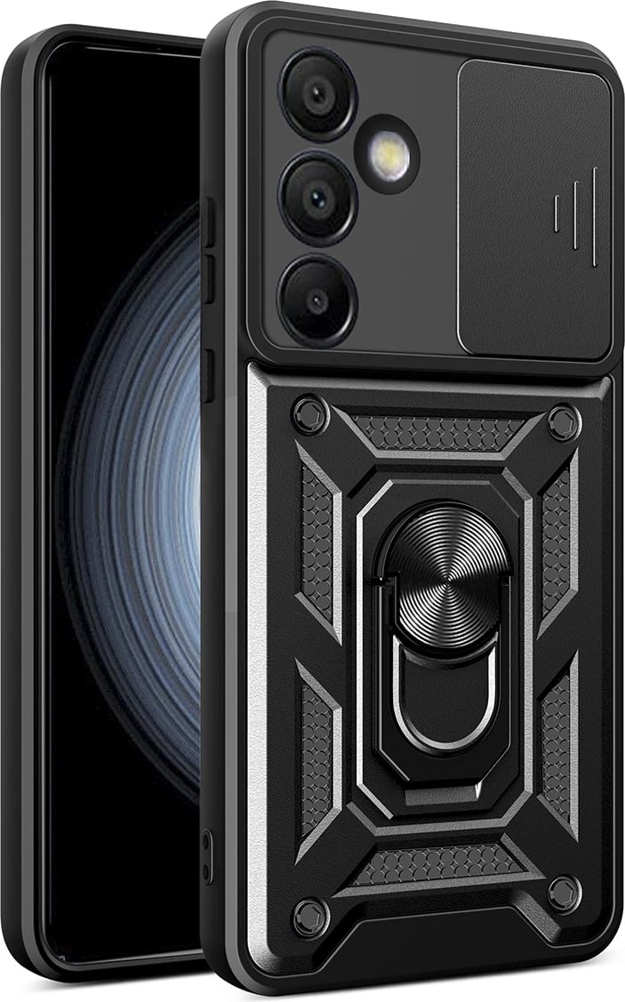 Mbështjellës Hurtel Hybrid Armor Camshield me qëndrim dhe kapak kamere për Samsung Galaxy A36, i zi