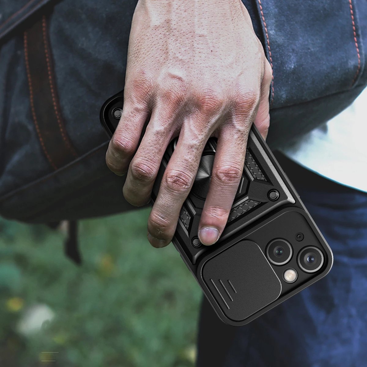 Mbështjellës Hurtel Hybrid Armor Camshield me mbajtëse dhe mbulesë kamere për iPhone 15 Plus, Zi