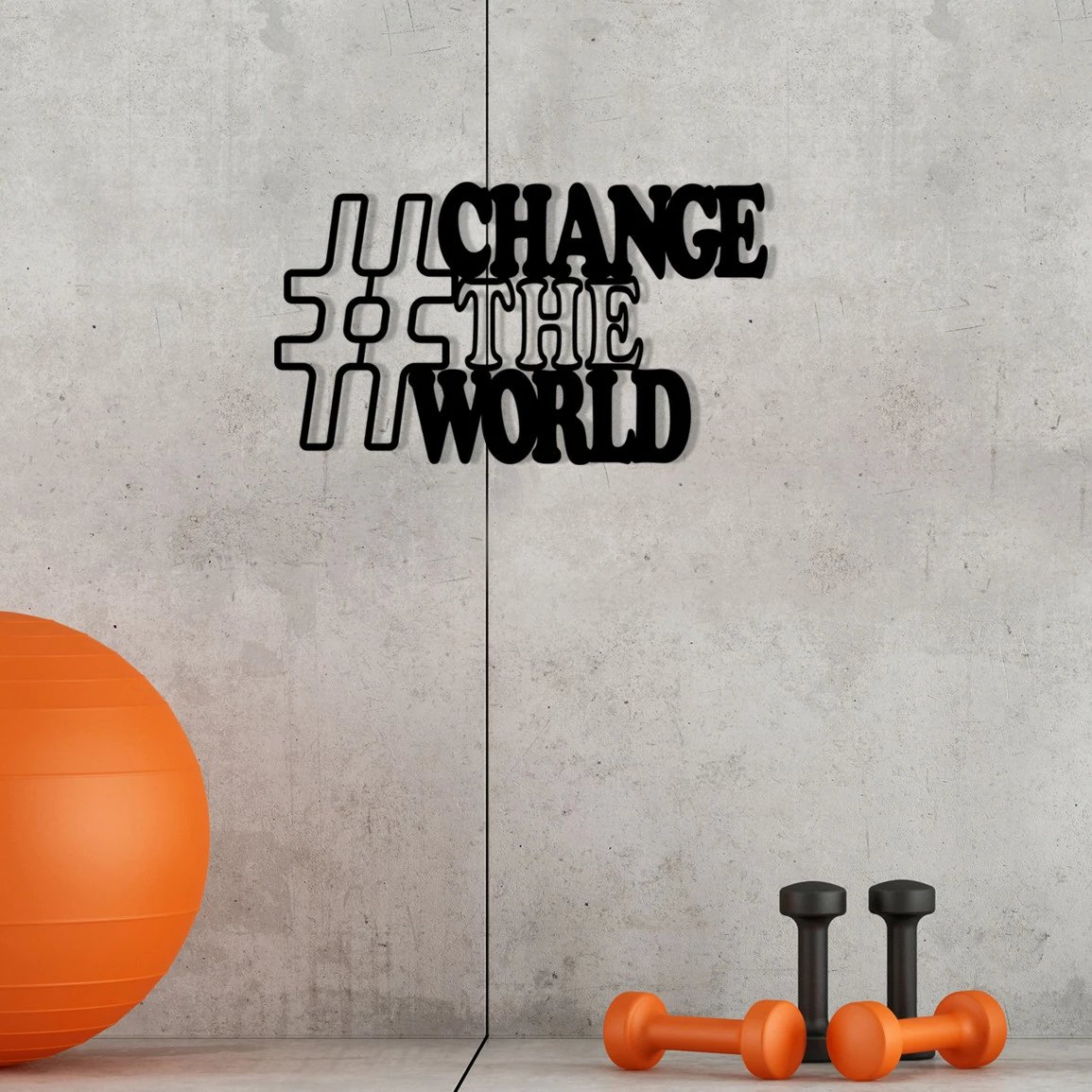 Aksesor dekorativ metalik për mur, Wallity, #CHANGE THE WORLD, ngjyrë e zezë, 70x40cm