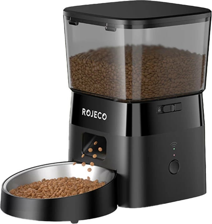 Shpërndarës automatik ushqimi për kafshë Rojeco RWSQ-12 2L Wi‑Fi, tas çelik inox, i zi