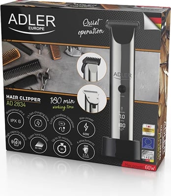 Makinë qethëse, Adler AD 2834, LCD, 2000 mAh, 5 shpejtësi, IPX6, me dhe pa kabllo, 4 krehrat 3-12 mm, argjendtë