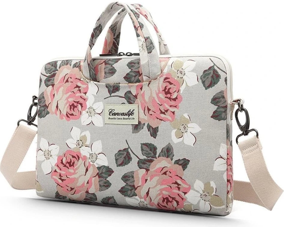Çanta për laptop Canvaslife, me lule të bardha dhe rozë