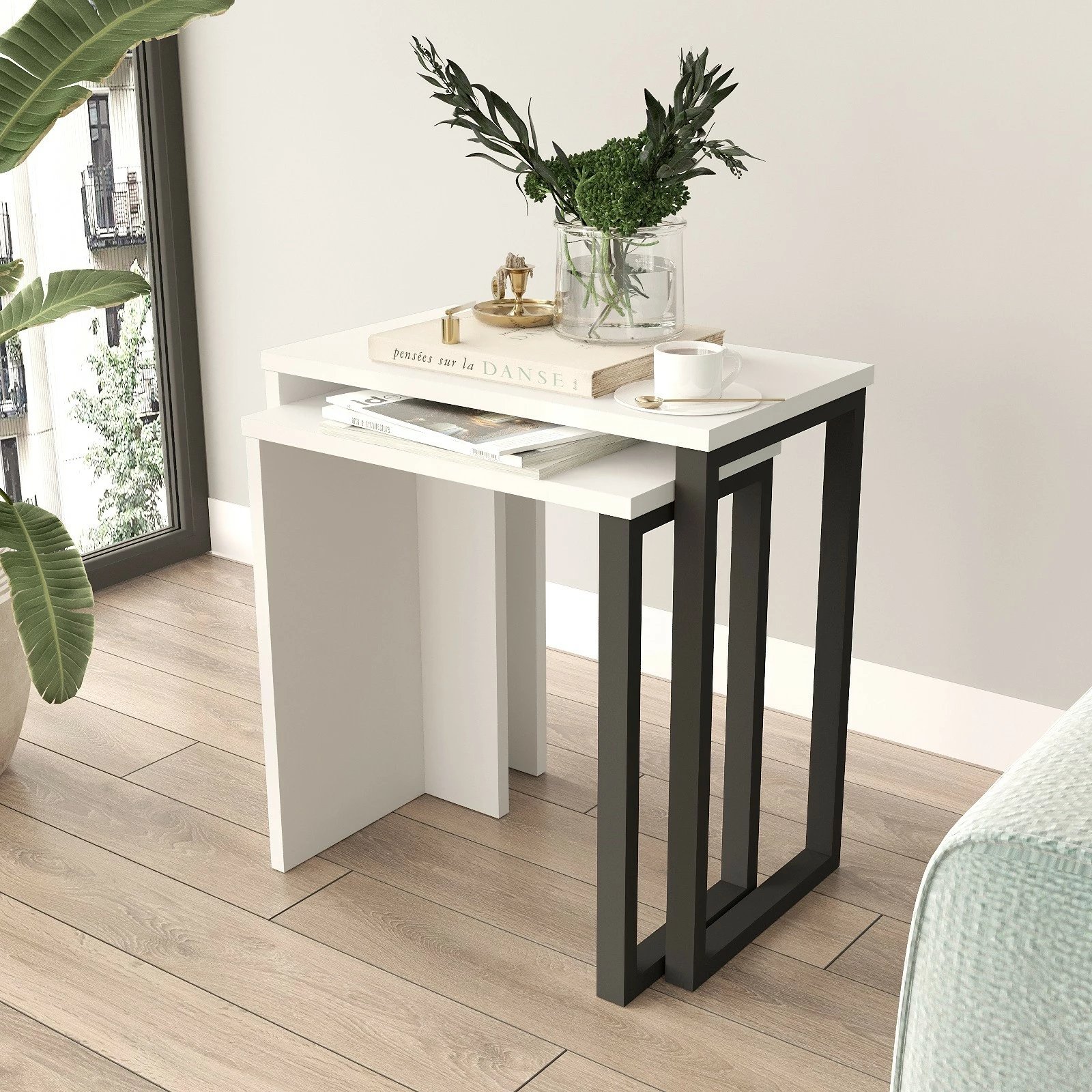 Tavolina ndihmëse të vendosshme (2 copë), ngjyrë e bardhë, Skye Decor, On7-W