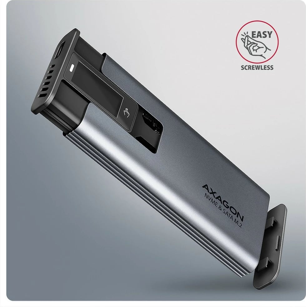 Kasë e jashtme AXAGON EEM2-SD2, për SSD M.2 NVMe/SATA, USB-A/C 3.2 Gen2, ekran LCD, Gri