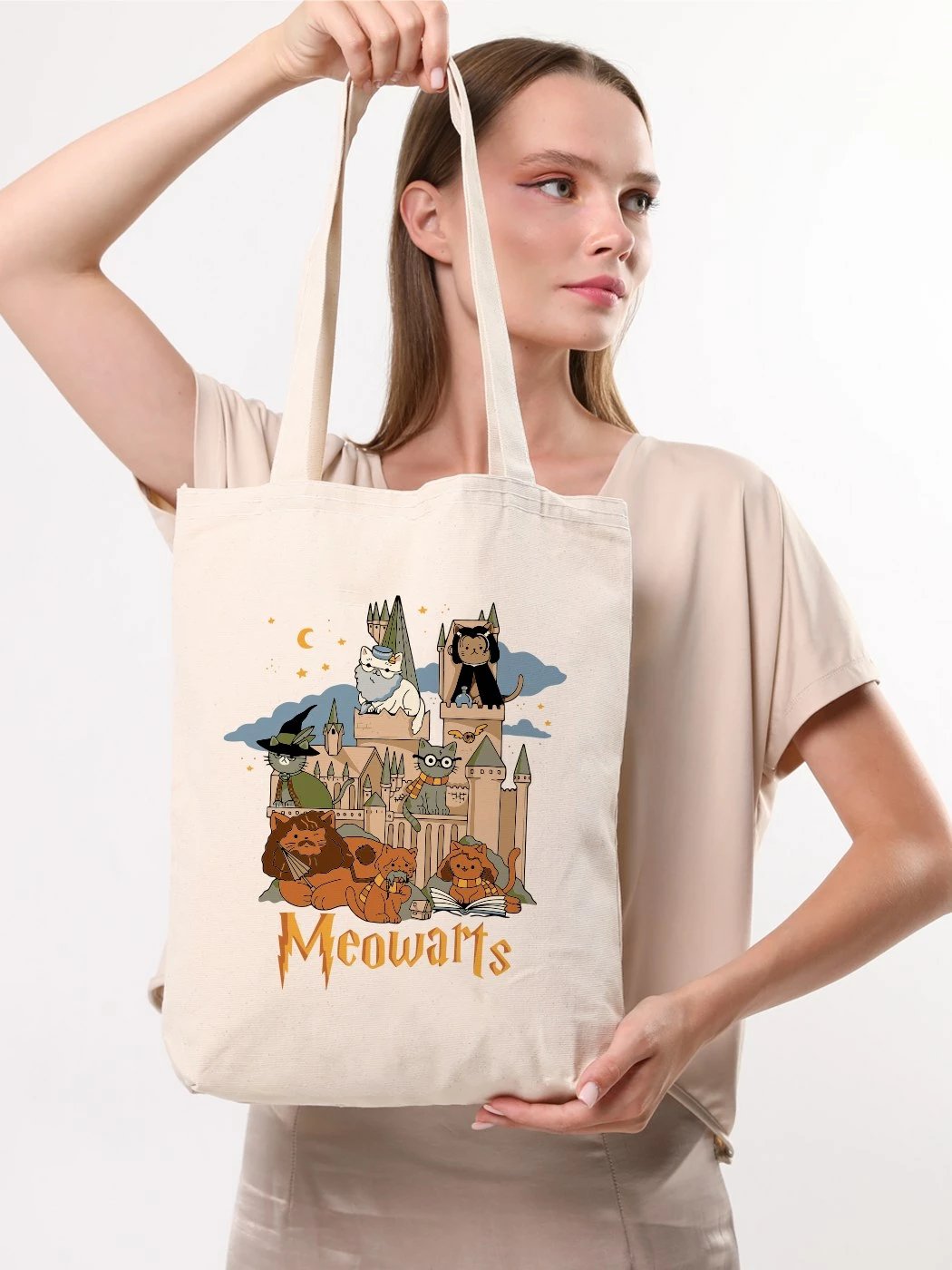Çantë tote Zoozie Bags, Meowarts, krem, 35x40x8cm