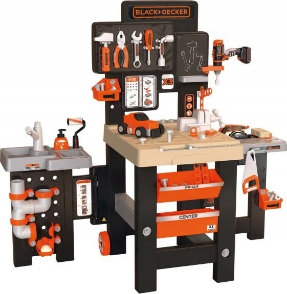 Set lodrash punëtori Smoby Black+Decker Mega Workshop 3-në-1, 100 aksesorë, për fëmijë, e zezë/portokalli/gri/druri
