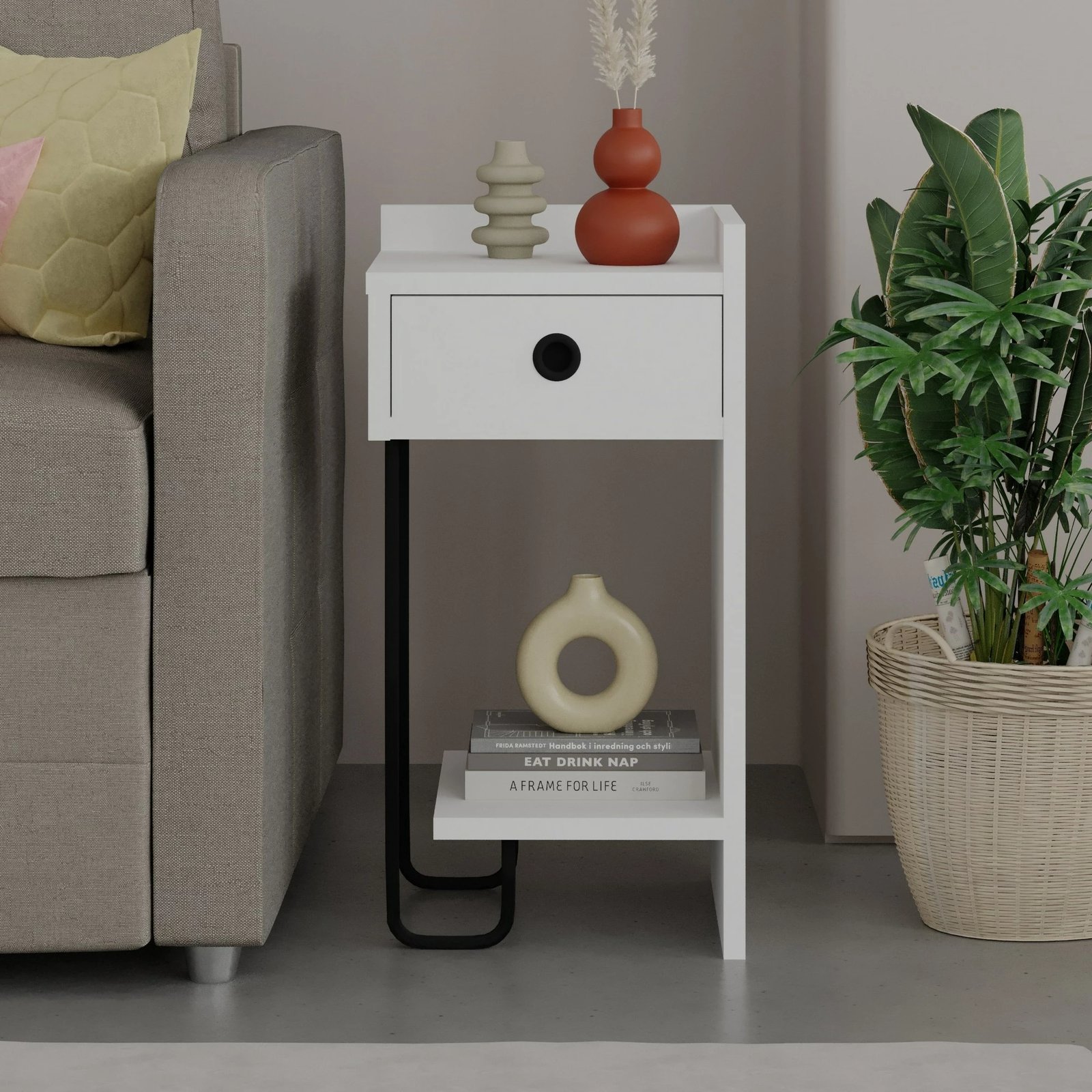 Komodinë anës krevati Skye Decor, Sirius, e bardhë, anë e djathtë