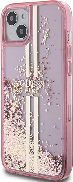 Mbështjellës Guess Liquid Glitter Gold Stripes për iPhone 15 Plus / 14 Plus, Rozë