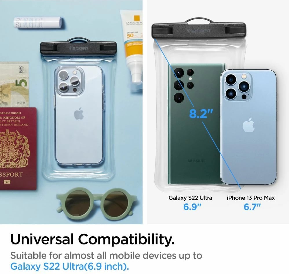 Mbështjellës Spigen Aqua Shield A610 për celular, IPX8, transparent, me rrip
