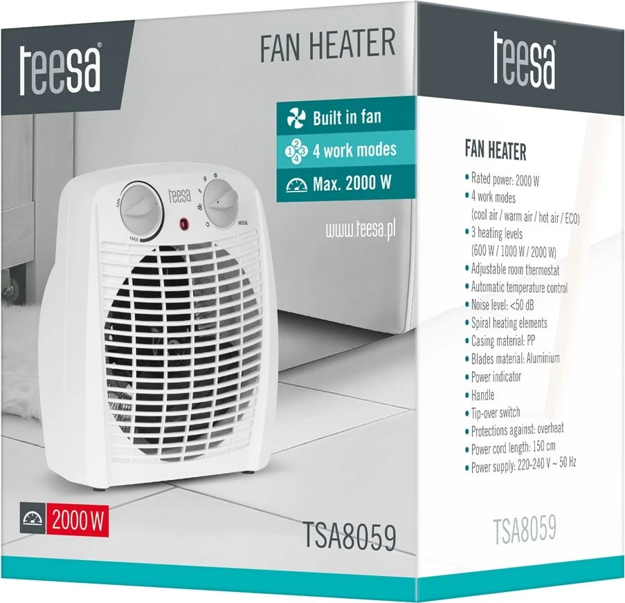 Ngrohës me ventilator Teesa TSA8059, 2000 W, i bardhë