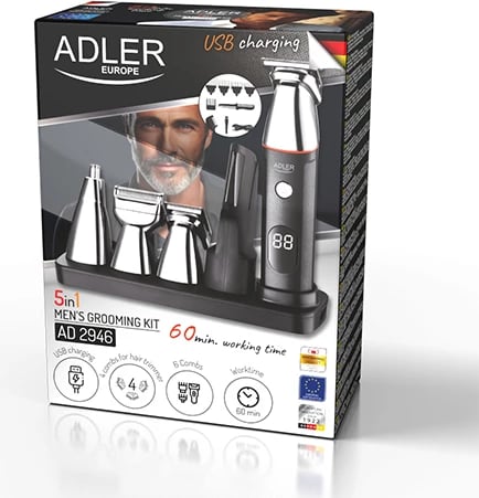 Set kujdesi për meshkuj 5‑në‑1, Adler AD 2946, me 6 shtojca, krehera 3/6/9/12 mm, 60 min punim, ekran LCD, stacion karikimi