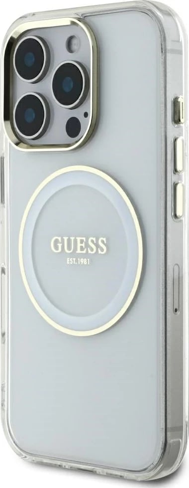 Mbështjellës Guess IML Metal Colored Circle Classic Logo MagSafe për iPhone 16 Pro Max, Bardhë