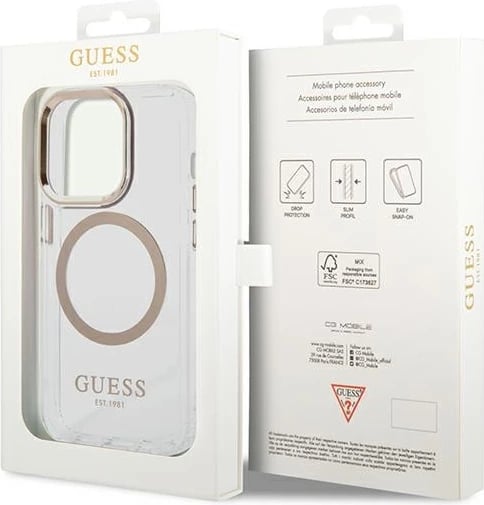 Mbështjellës Guess Metal Outline Magsafe për iPhone 14 Pro Max 6.7", Transparent/Gold