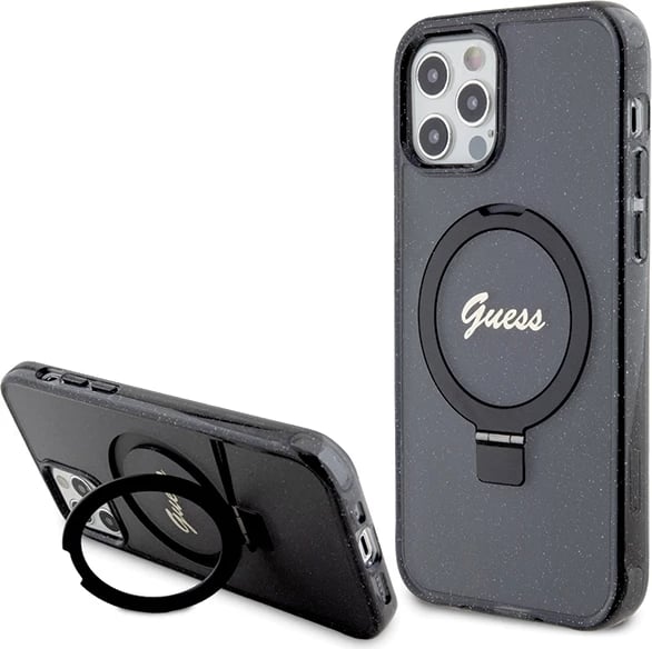 Mbështjellës Guess Ring Stand Script Glitter MagSafe për iPhone 12/12 Pro, i zi