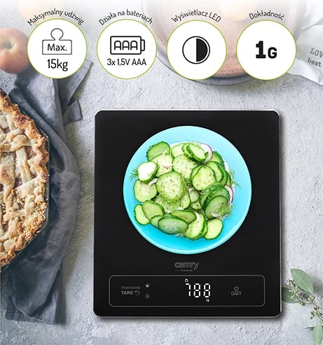 Peshore kuzhine, Camry CR 3175, 15 kg, njësi g/ml/lb:oz/fl'oz, ekran LED, platformë qelqi 24x20 cm, e zezë