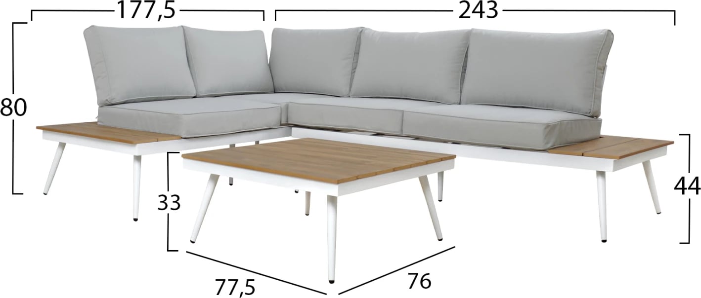 Set këndor divanësh me tavolinë për jashtë, alumin, ngjyrë gri, e bardhë, dru, FH5126.11