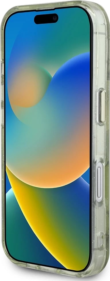 Mbështjellës Guess Glitter Flowers Triangle Buttons MagSafe për iPhone 16, Gjelbër