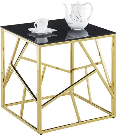 Tavolinë anësore JANA me xham të zi dhe bazë të artë, 55x55x55H cm, FH8619.01