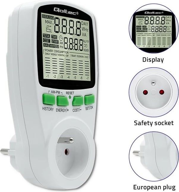 Matës i konsumit të energjisë Qoltec PM0627, 3680W, 16A, LCD, Bardhë
