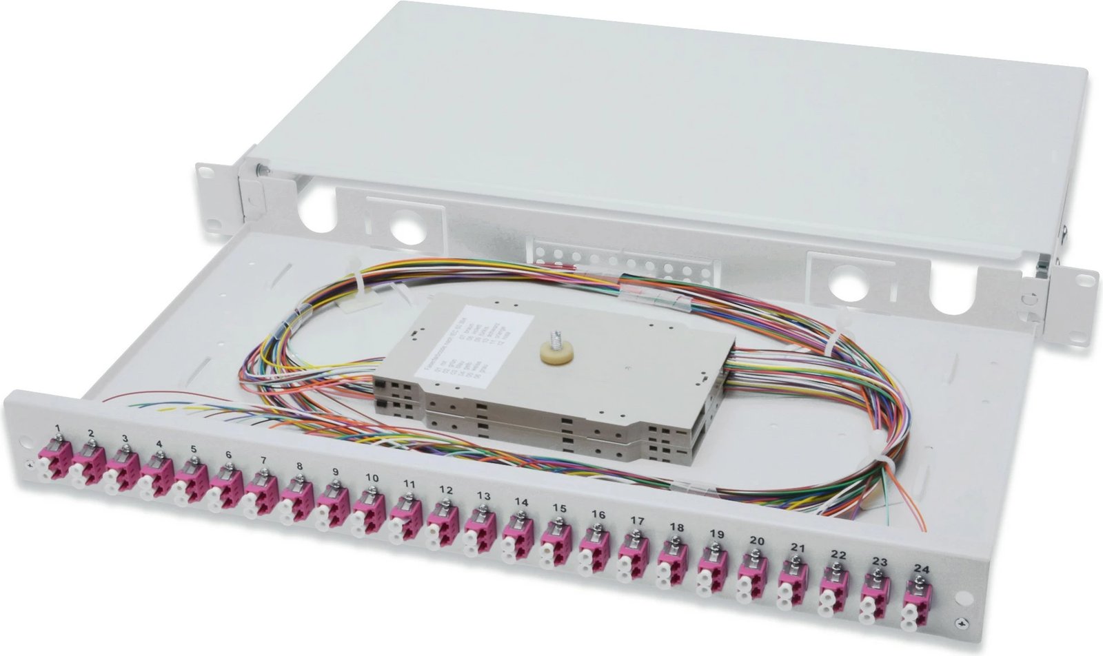 Panel menaxhimi kabllosh Digitus, FO splice box 1U, 24x LC DX, OM4, çelik, gri
