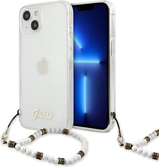 Mbështjellës Guess GUHCP13SKPSWH për iPhone 13 mini 5.4", transparent, me varëse perlë