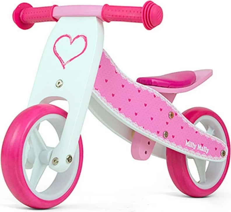 biçikletë-balancuese/triçikël druri 2n1, Milly Mally, JAKE Hearts, rrota shkumë 7\", ulëse e rregullueshme, 18–36 muaj, 25 kg, rozë