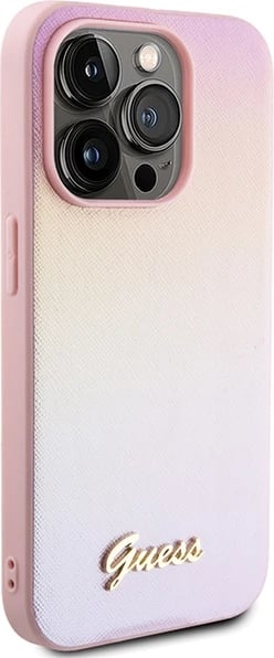 Mbështjellës Guess Saffiano Iridescent Script për iPhone 15 Pro, Rozë