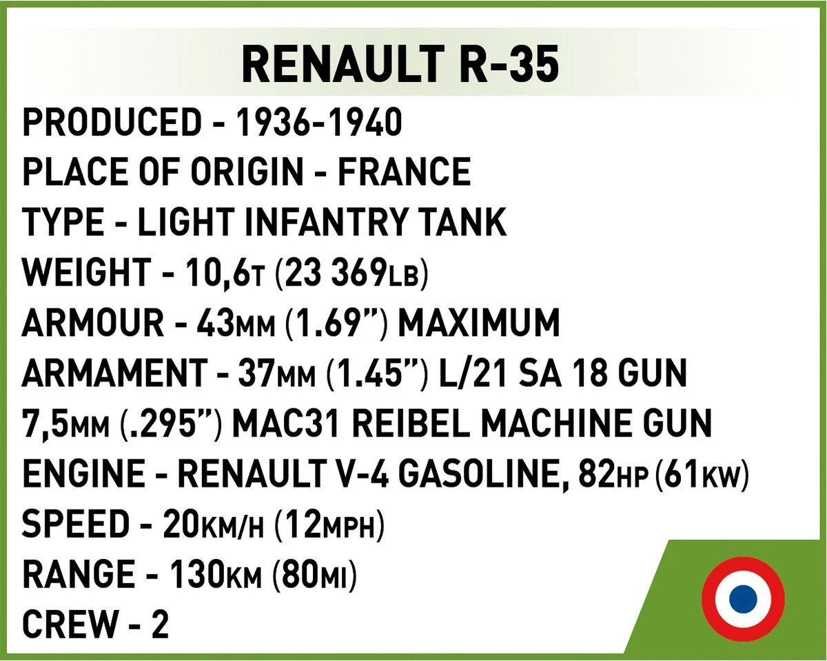 Set ndërtimi Cobi Klocki Renault R-35, 258 pjesë, plastikë