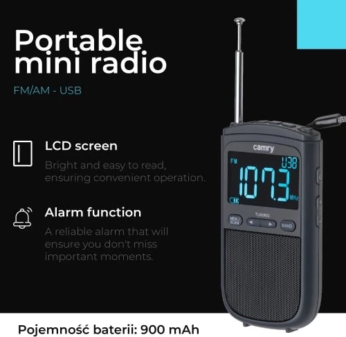 Radio portative, Camry CR 1905, AM/FM, ekran LCD, USB-C, 20 stacione, alarm, bateri 900 mAh