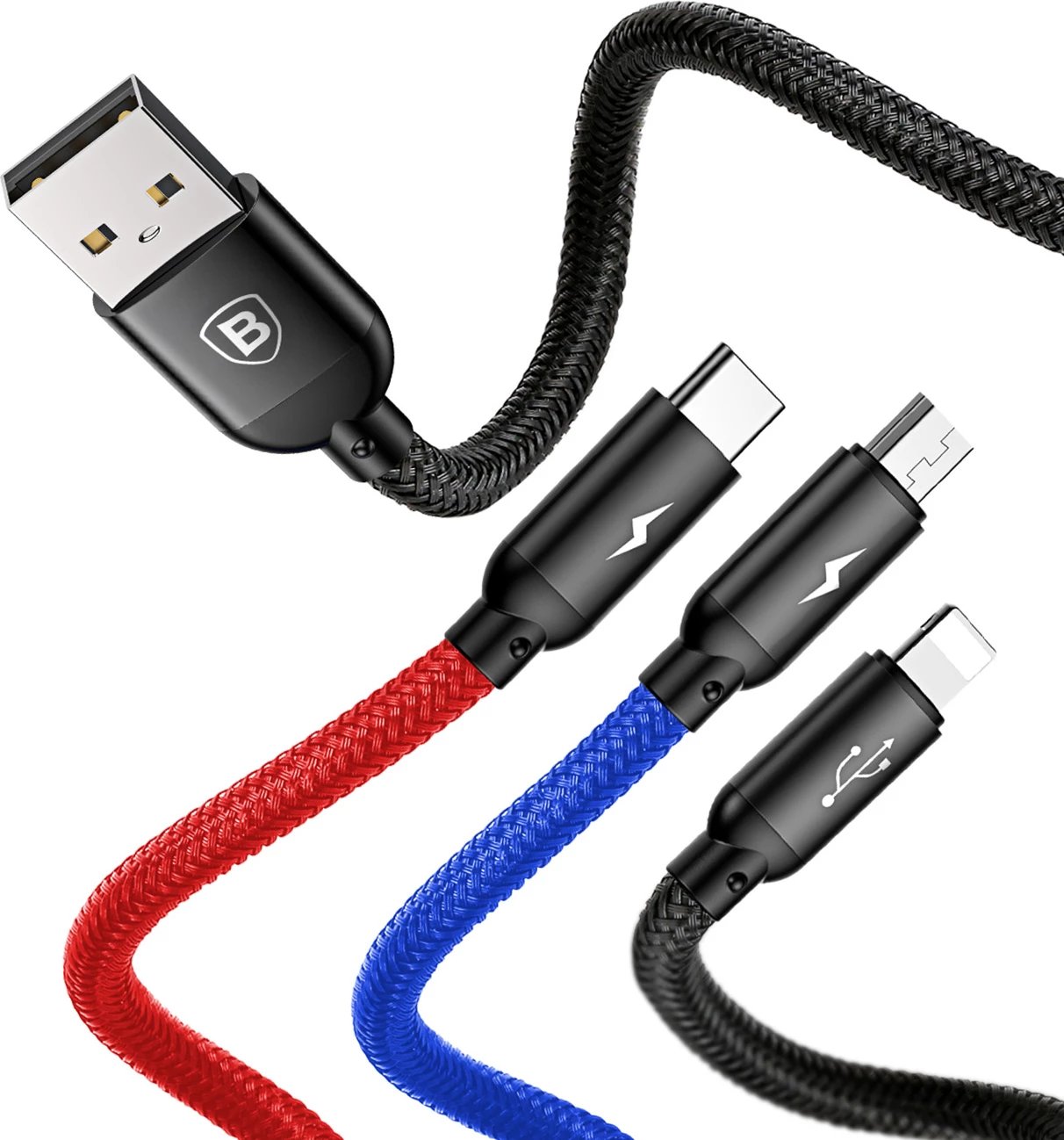 Kabllo 3-në-1 Baseus Three Primary Colors CAMLT-BSY01, 0.3m, USB-A në micro USB/Lightning/USB-C, e zezë, e kuqe, e kaltër