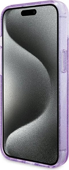 Mbështjellës Guess Ring Stand Script Glitter MagSafe për iPhone 15 Plus / 14 Plus, vjollcë
