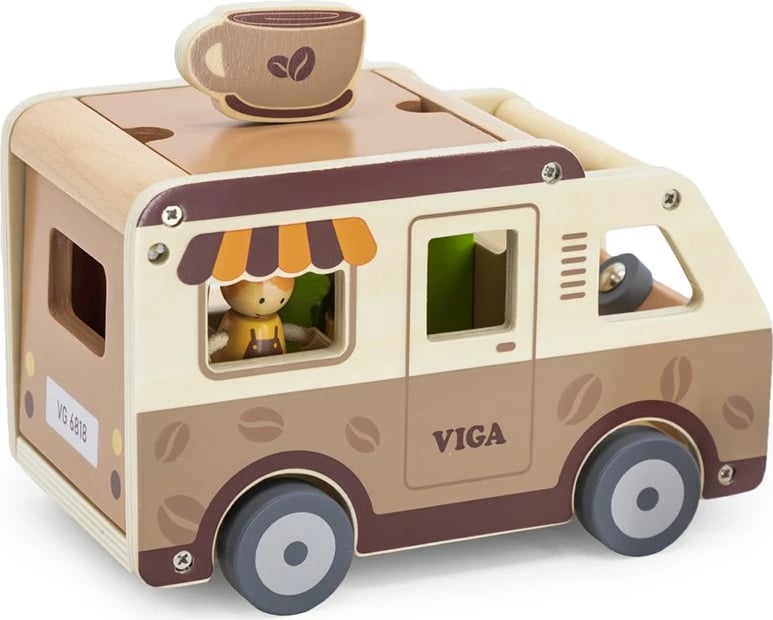 Lodër druri kafene mobile, Viga, furgon kafe me aksesorë, 3+ vjeç, ngjyrë sipas fotos