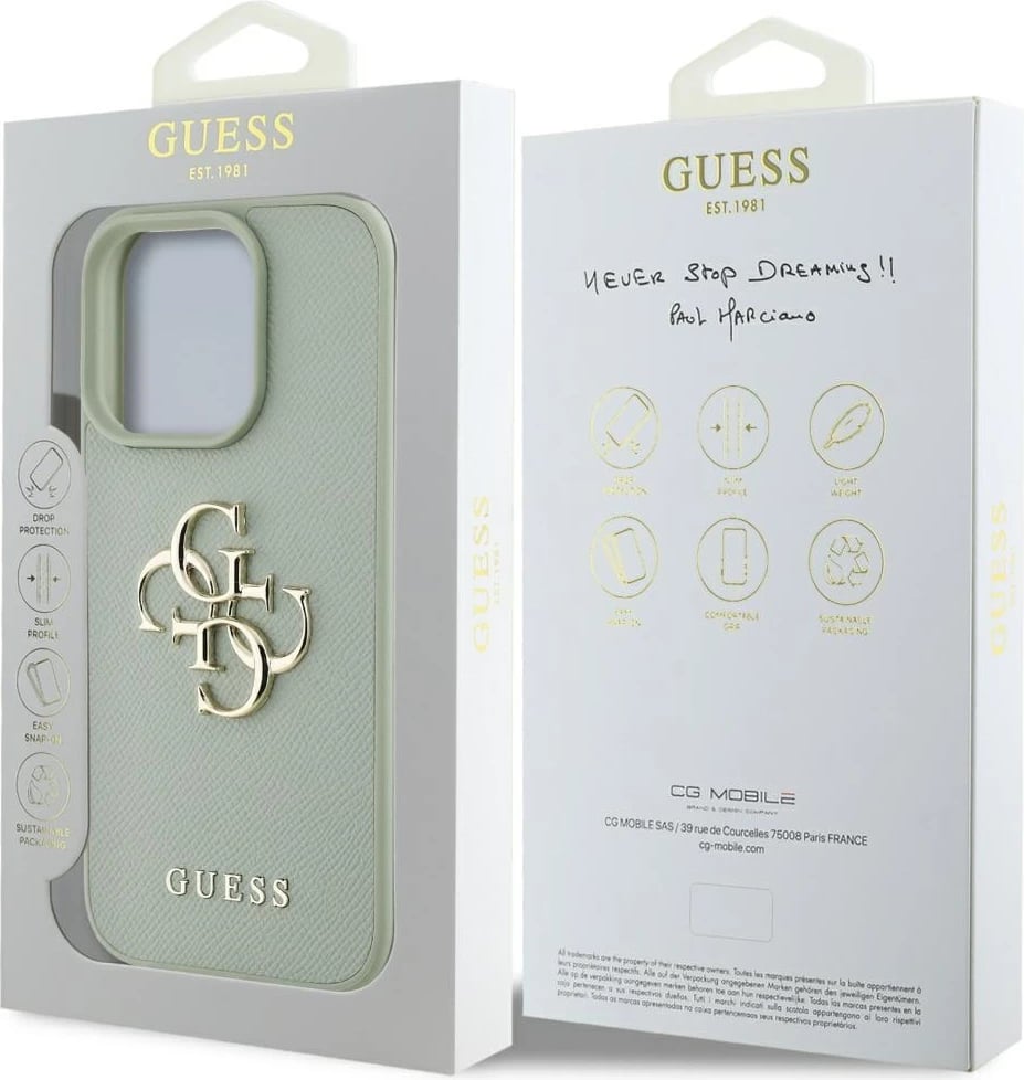 Mbështjellës Guess Grained Big 4G Logo Small Classic Logo për iPhone 16 Pro Max, Gjelbër