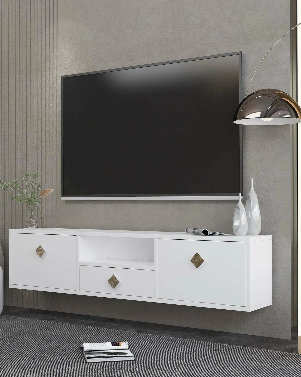 Komodë TV Skye Decor, e bardhë, e artë, 1305-DROP-1