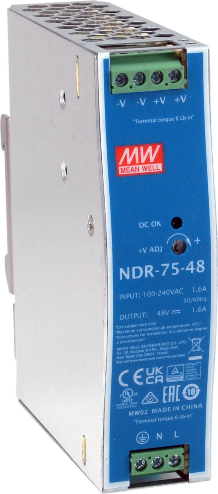 Furnizues energjie LevelOne 48V DC, 75W, DIN-Rail, ngjyrë kaltër dhe argjendtë