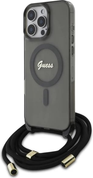 Mbështjellës Guess Crossbody Cord Script MagSafe për iPhone 16 Pro, i zi