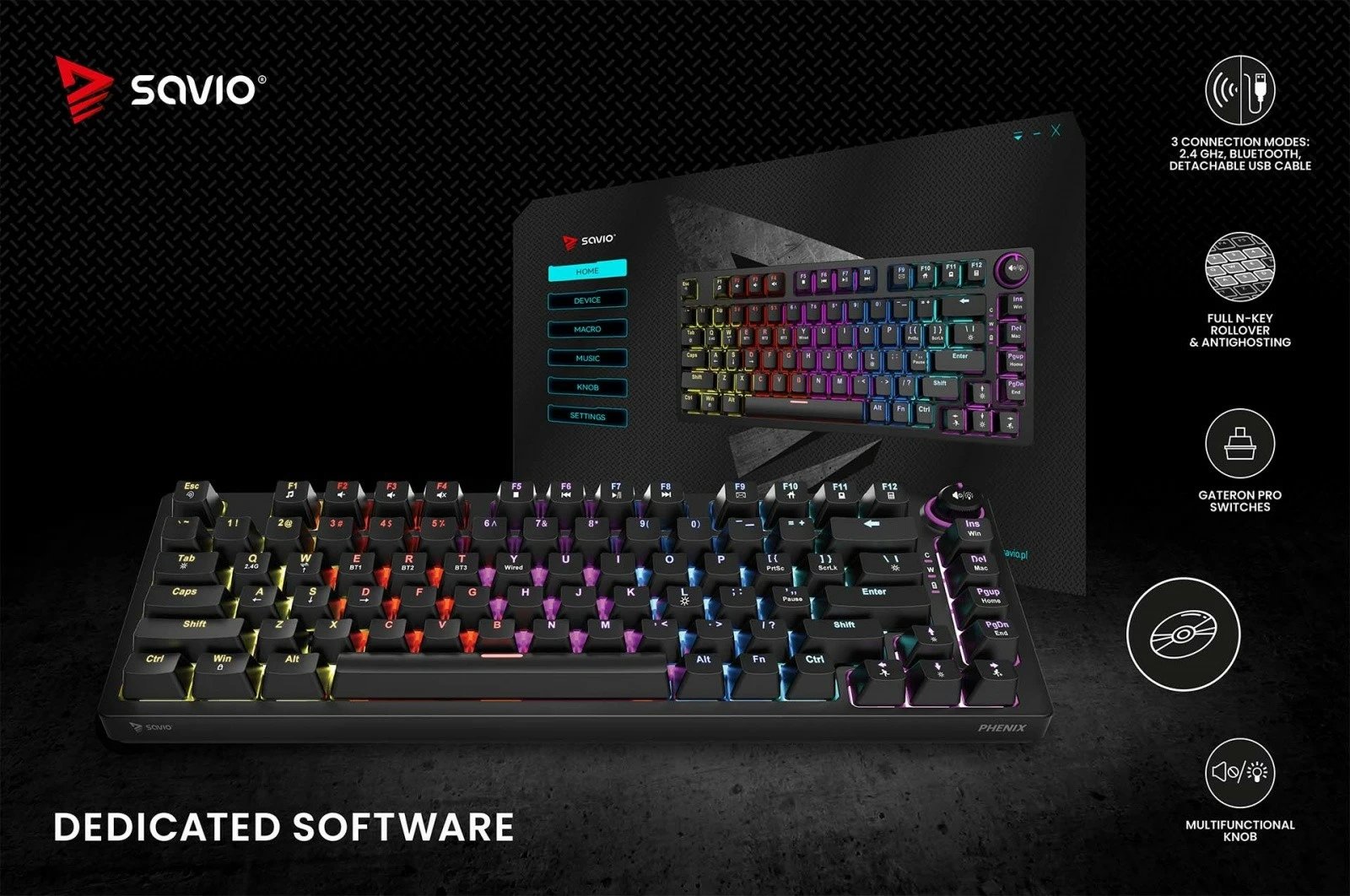 Tastierë mekanike wireless Savio Phenix, Gateron Red Pro, 82 taste, RGB, e zezë Tastierë mekanike wireless Savio Phenix, Gateron Red Pro, 82 taste, RGB, e zezë