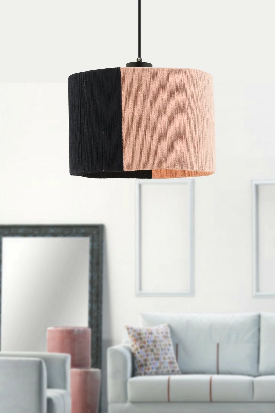 Llambë tavani Opviq, metal e zezë, kapak jute rozë, Cane