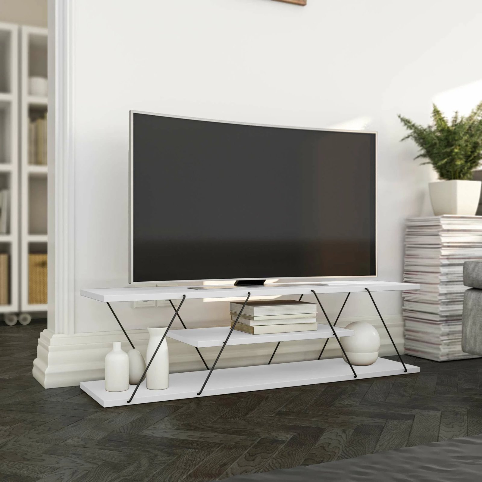 Komodë për TV Hanah Home, Canaz v2, e bardhë dhe e zezë