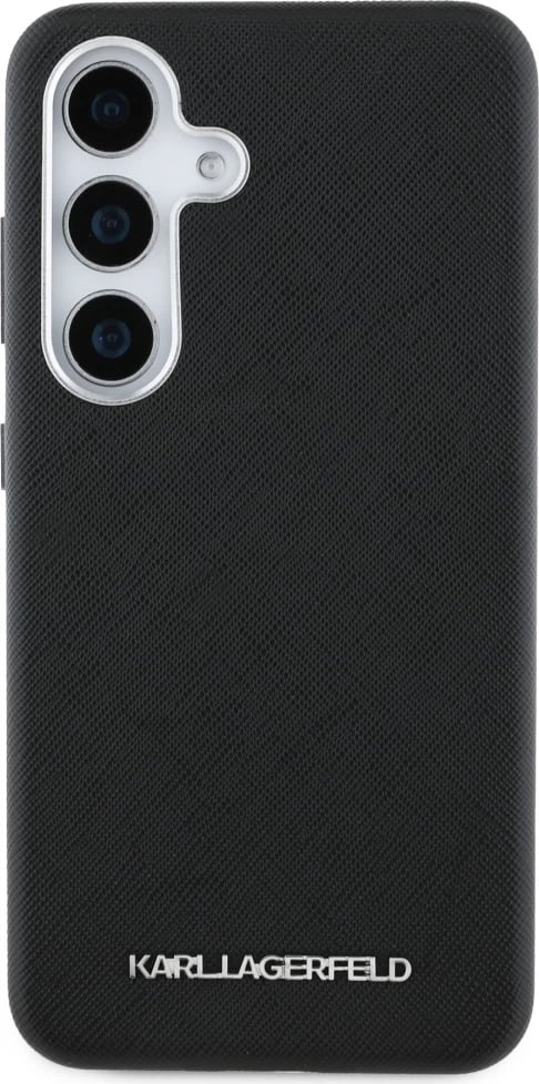 Mbështjellës Karl Lagerfeld Saffiano Full Wrapped Elongated Metal Logo MagSafe për Samsung Galaxy S25+, i zi