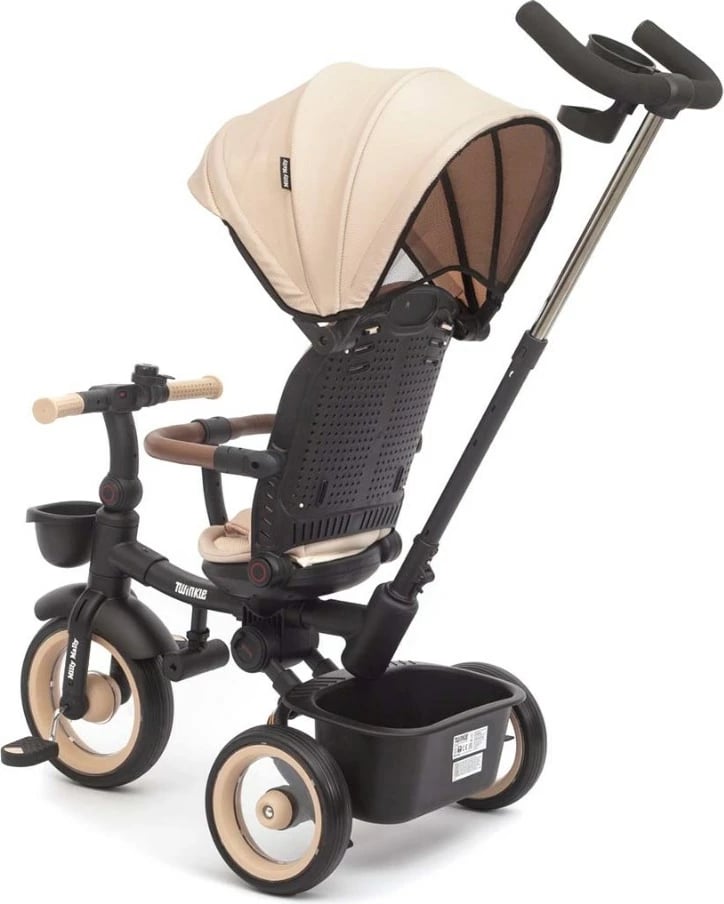 Tricikletë fëmijësh me dritë Milly Mally Twinkle, sedile rrotulluese 180°, timon prindëror i rregullueshëm, rrota shkumë, kapacitet 25 kg, me çati dhe kosha, bezhë