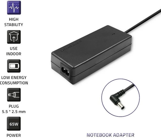 Adapter rryme për laptop Toshiba Qoltec 65W, 19V, 3.42A, 5.5x2.5 mm, i zi