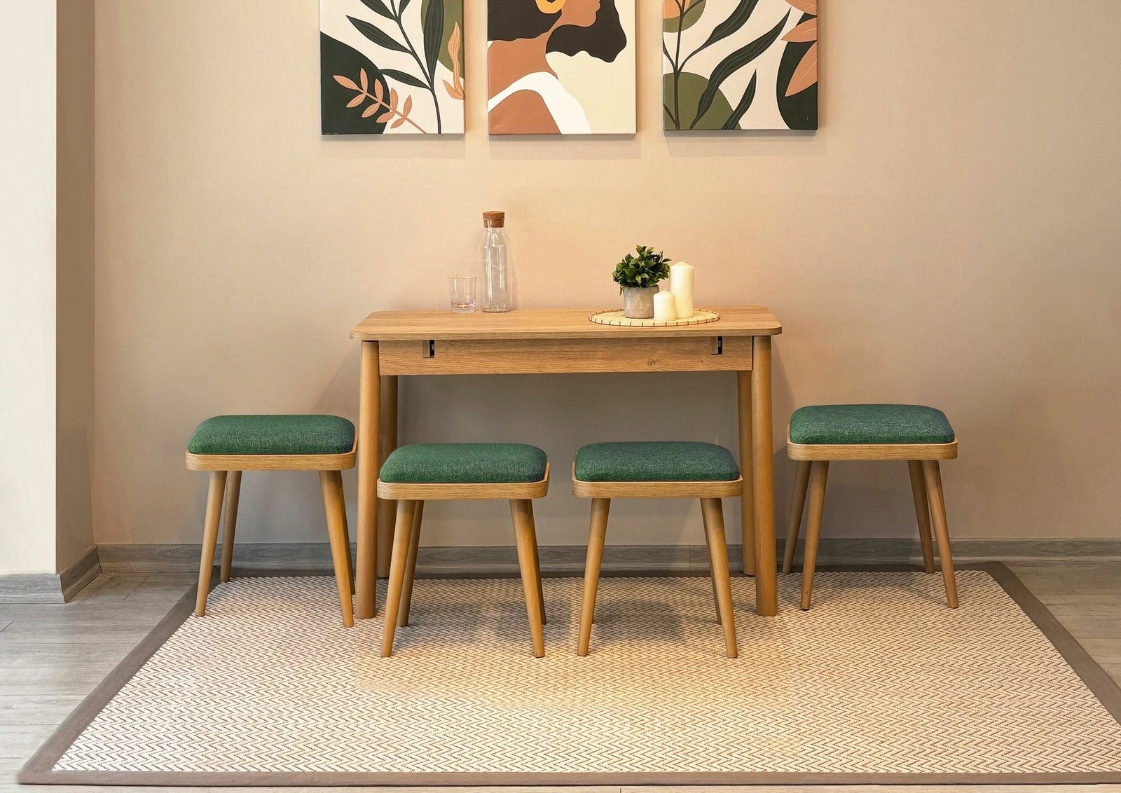 Set tavoline me karrige, zgjatshme, 6 pjesë, Skye Decor, Vina Mini 06 1070, ngjyrë lis, e gjelbër