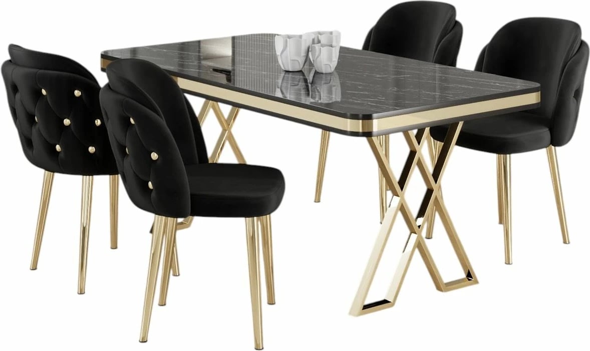 Tavolinë me karrige, 5 copë, Skye Decor Rigel, mermer i zi, ar, e zezë