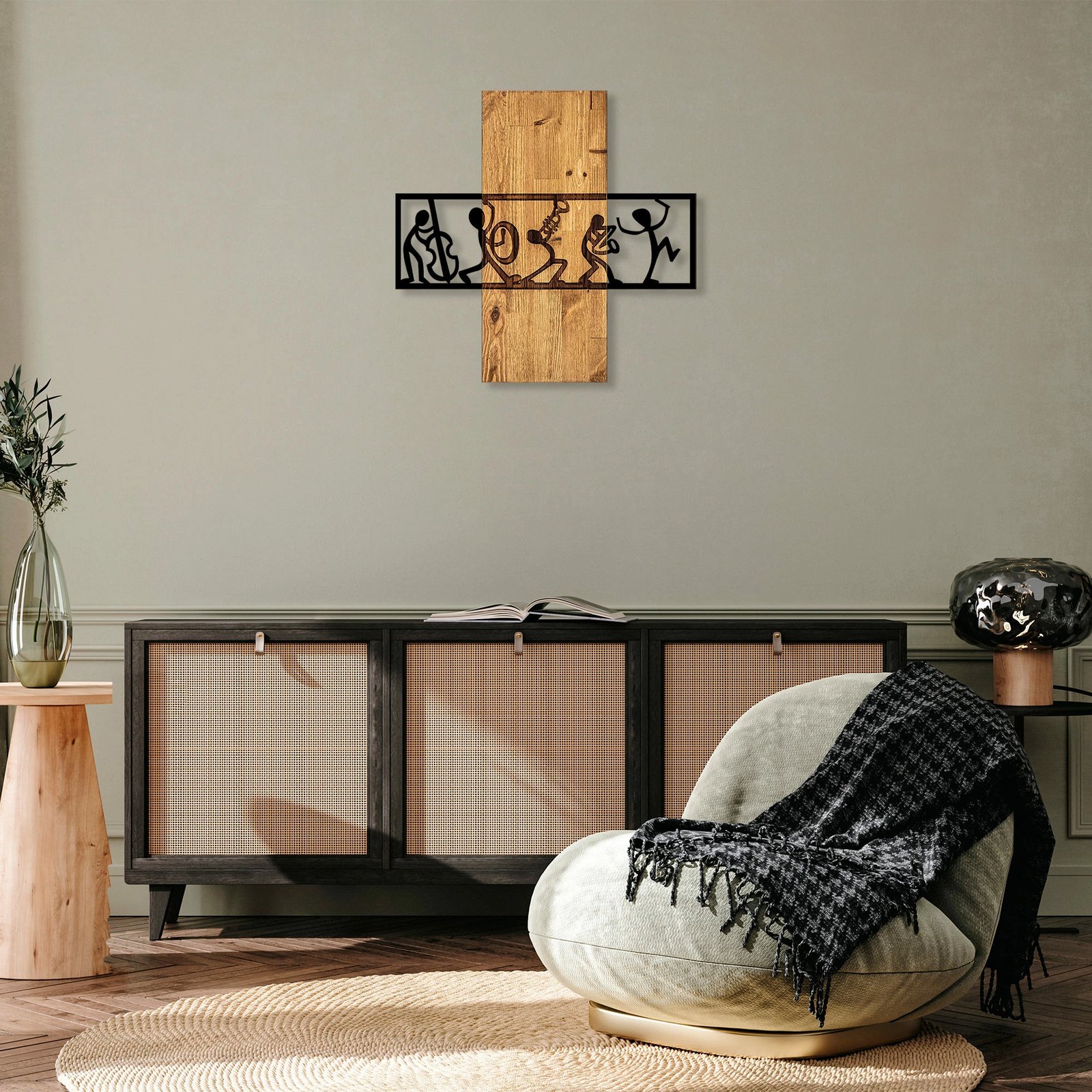 Aksesor dekorativ prej druri për mur, Wallity MA-301, ngjyrë arre dhe e zezë, 58x61cm